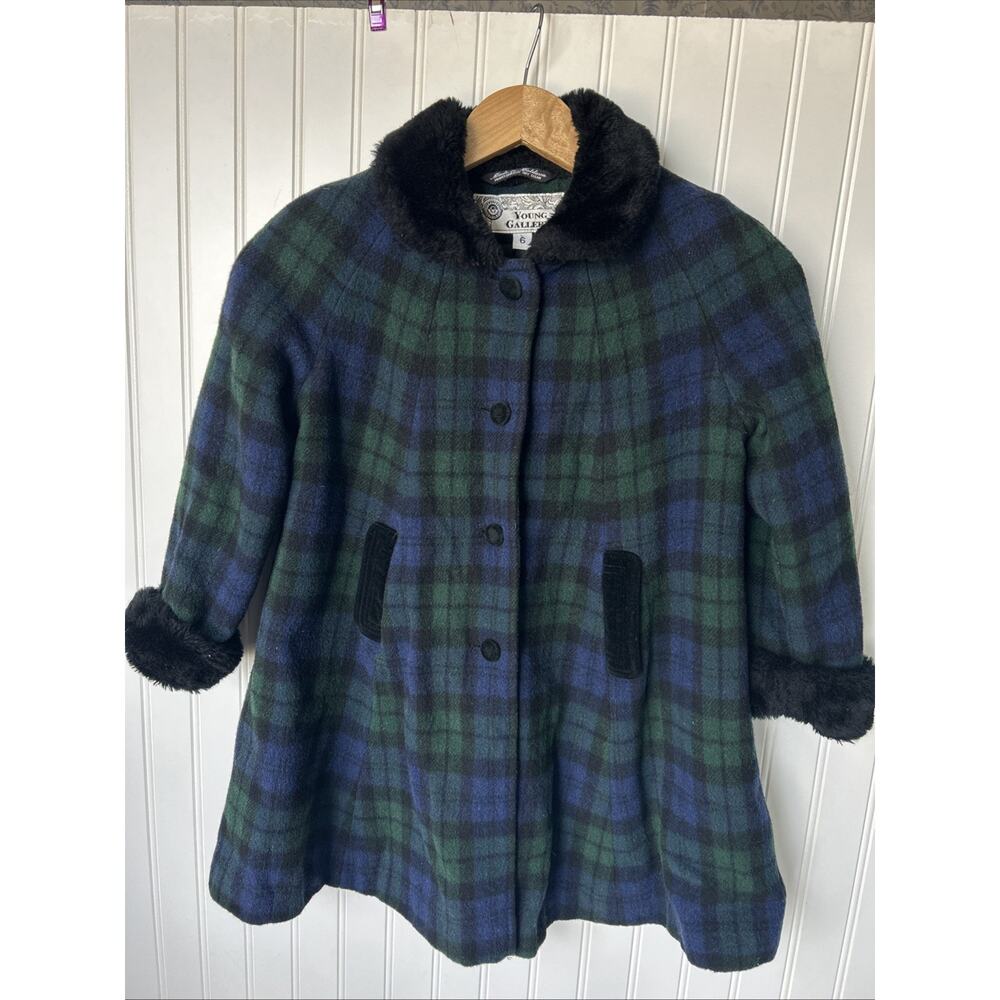 Vtg Young Gallery Black Watch Tartan Plaid Wool Coat Faux Fur Collar Cuffs Sz 6